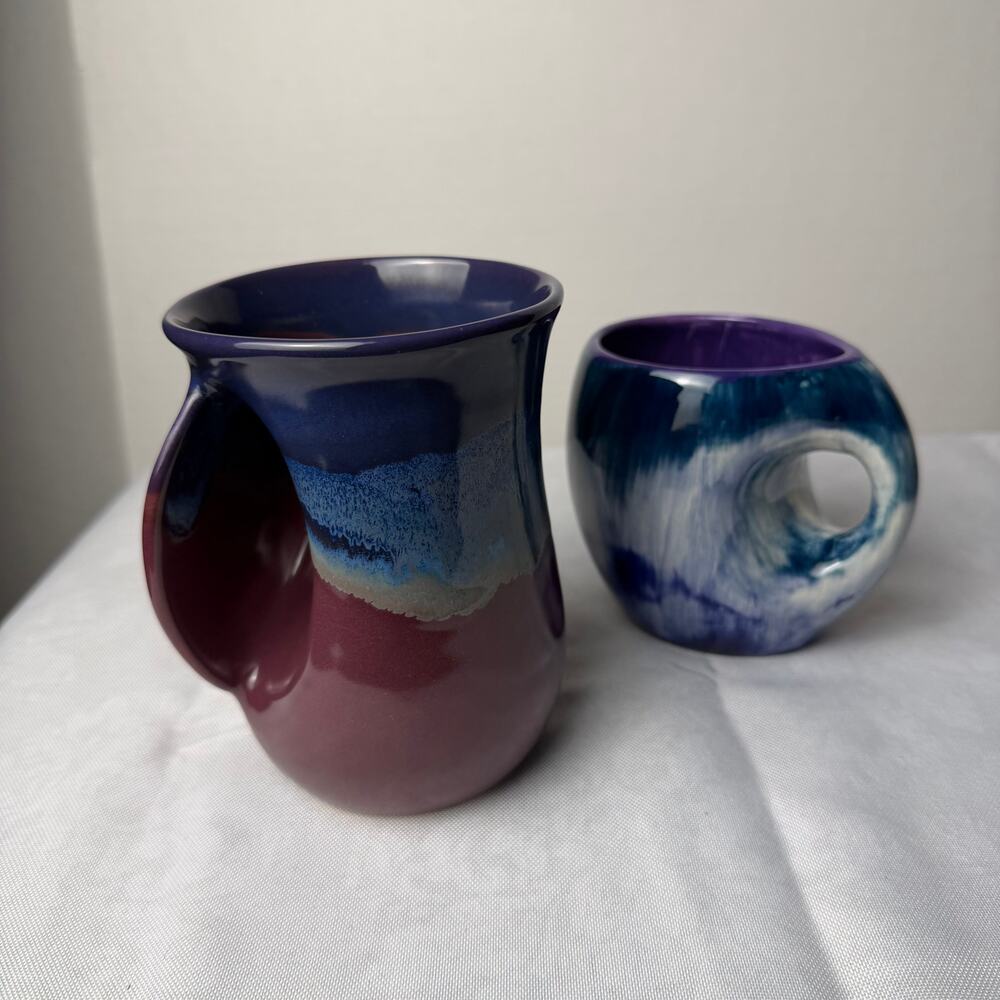 Neher Clay in Motion Hand Warmer Mug + Studio Pottery Yarn Bowl Purple Blue
